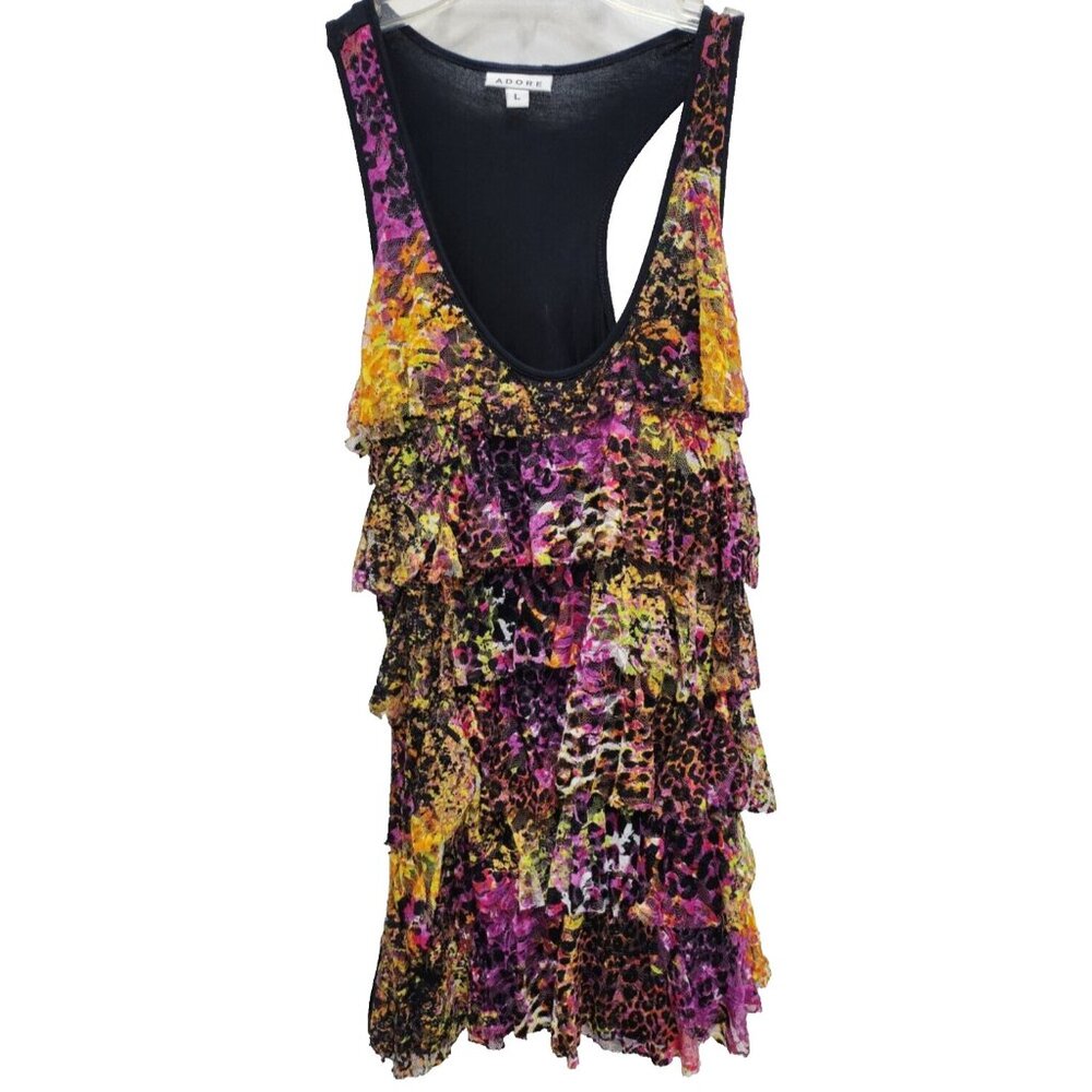 Adore Womens Tank Top‎ Large Tiered Ruffle Lace Animal Print Grunge Whimsygoth